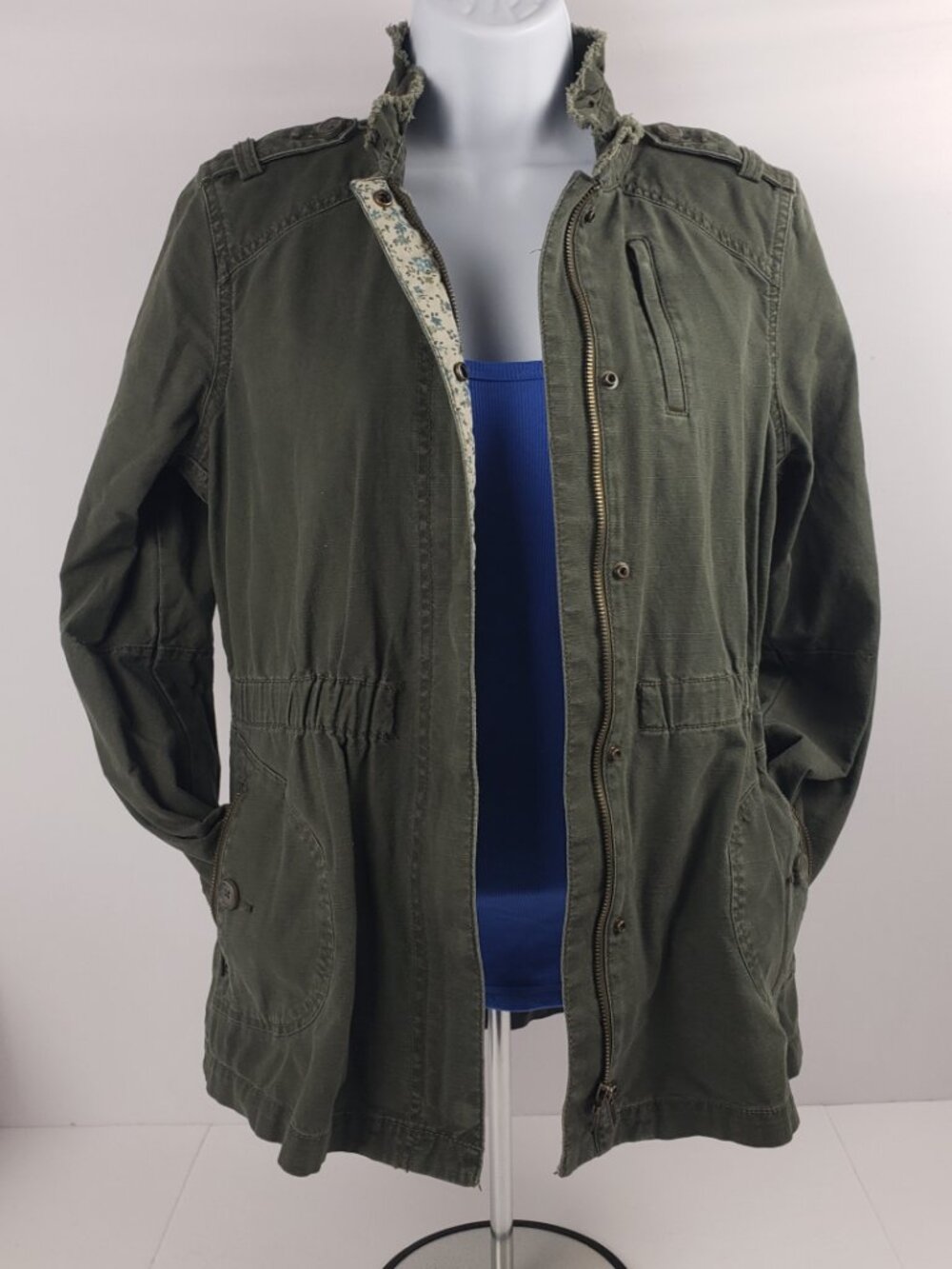 Elle XS Olive Green Jacket Womens Distressed Pockets Zippers Snaps Floral Vtg